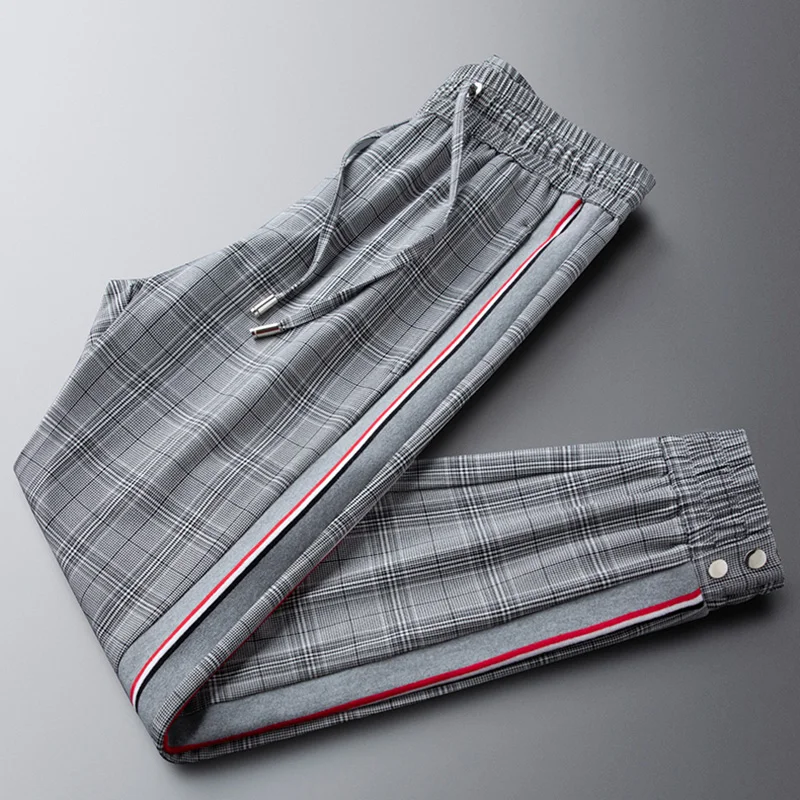 

Luxury gray plaid pants men's spring and summer new style waisted slim casual sports pants colored side webbing