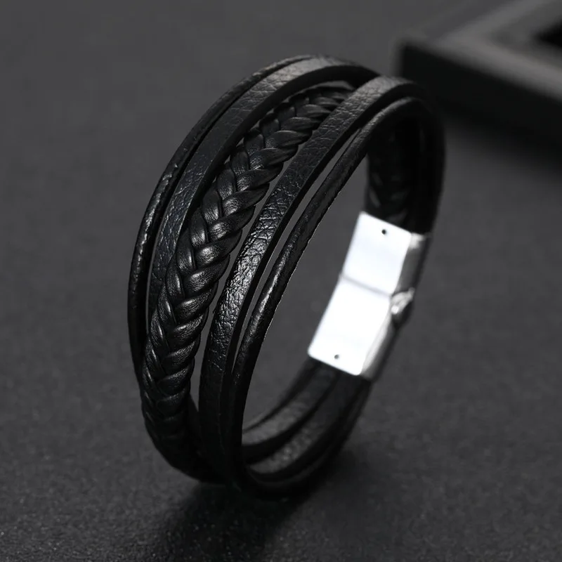 Модный черный/коричневый браслет из натуральной кожи мужской нержавеющей стали