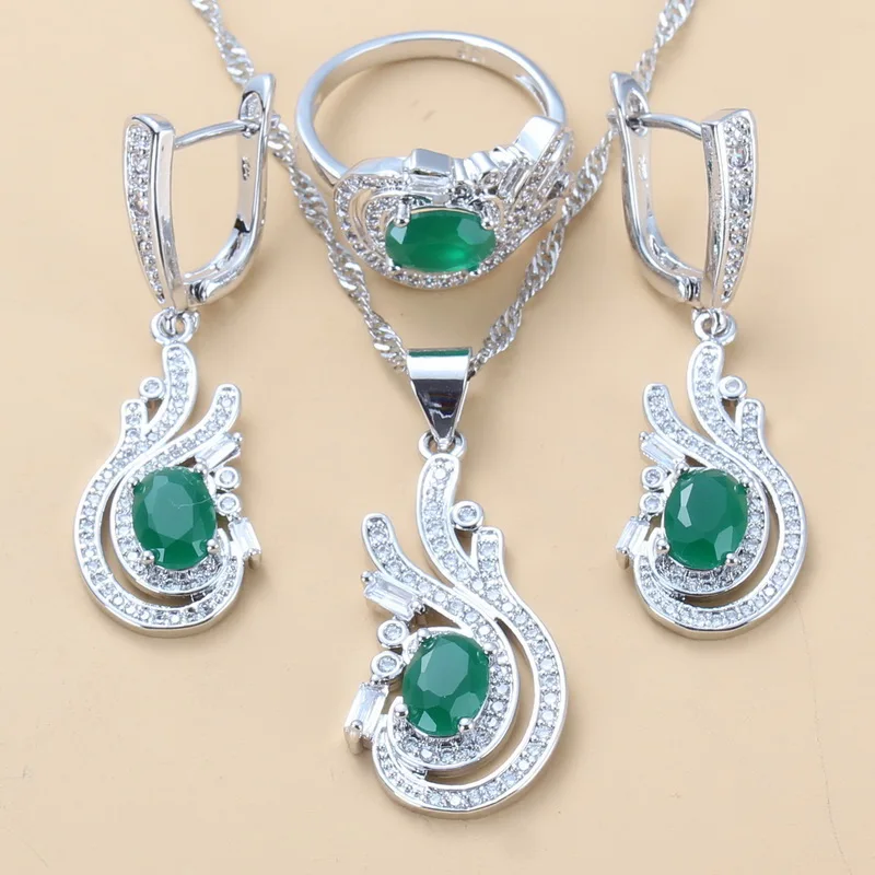 Женский комплект украшений Noble Green Zircon из сережек ожерелья и кольца 11 цветов
