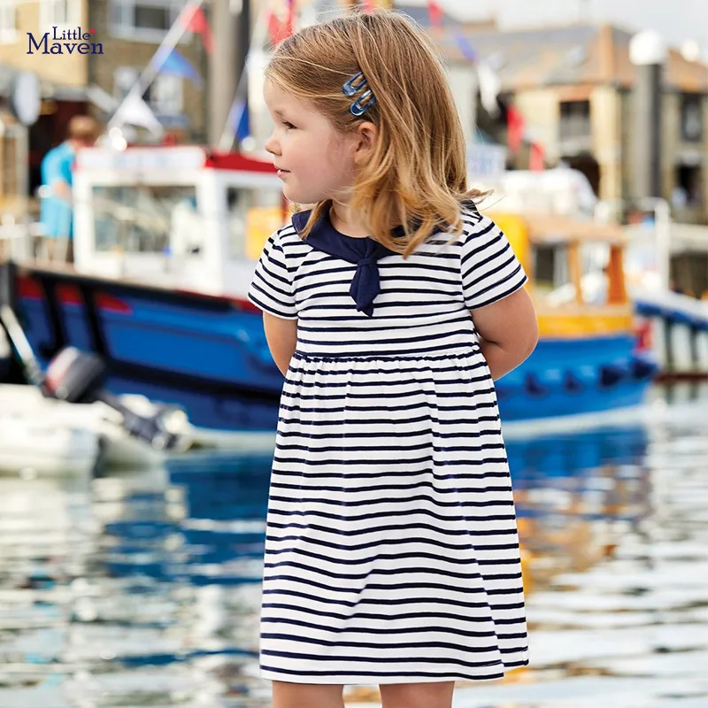 

Little maven Frocks for Girls 2021 Summer Baby Girl Striped Vestiods Children Clothes Peter Pan Collar Dress for Kids 2-7 Years