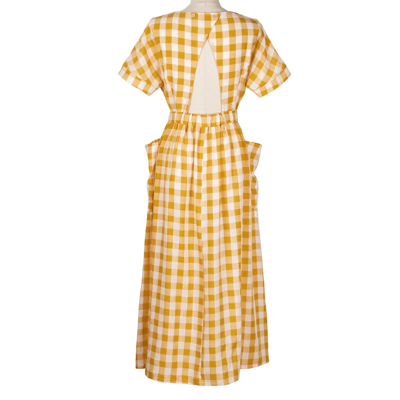 

Women high waist yellow plaid dress Double pockets vestidos backless short sleeve dress Casual summer clothing for women