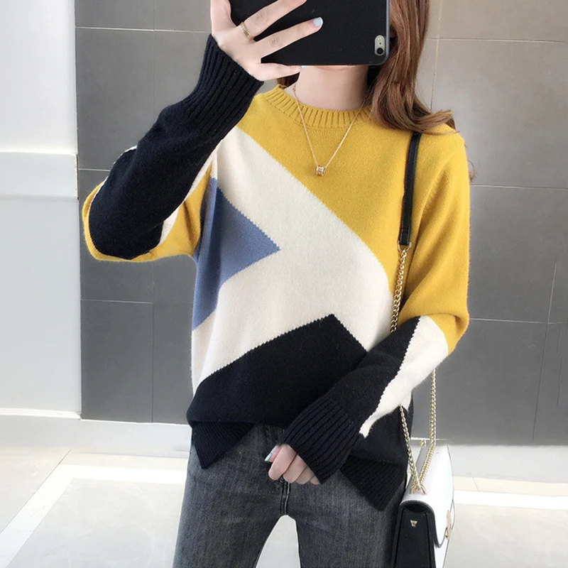 TIGENA Beautiful Contrast Color Knitted Sweater Women 2019 Fall Winter Long Sleeve Pullover Female Loose Jumper | Женская одежда