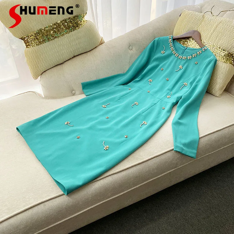 

2022 Early Spring New Ladies Fashion Retro Lake Blue Mid-length Dress Women's High-end Beaded Elegant Solid Color Slim Fit Dress