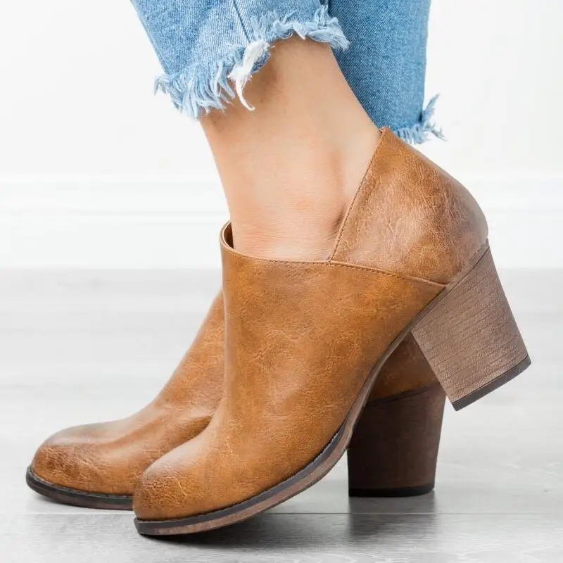 Женские ботильоны осенние туфли лодочки на Высоком толстом каблуке с круглым