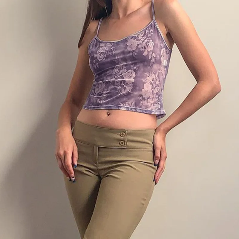 Женский винтажный топ на бретелях-спагетти с цветочным принтом без рукавов -