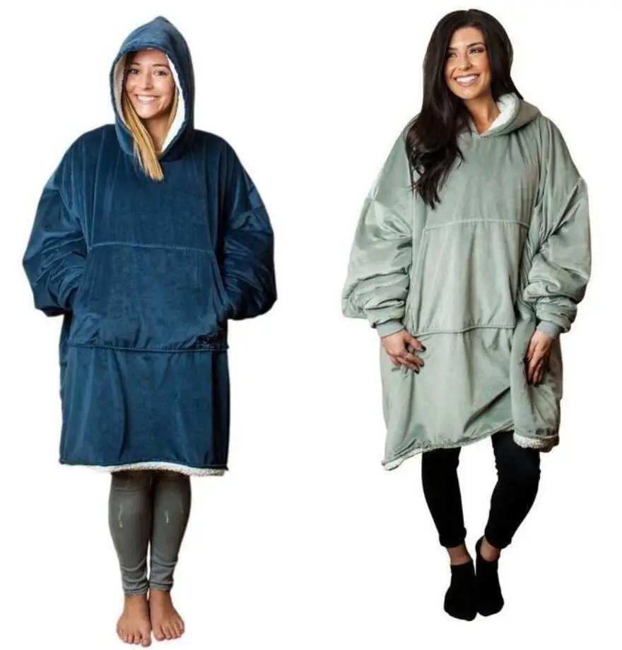 

Winter Warm TV Pocket Hooded Blankets Adults Bathrobe Sofa Cozy Blanket Sweatshirt Solid Plush Coral Fleece Blankets Outwears