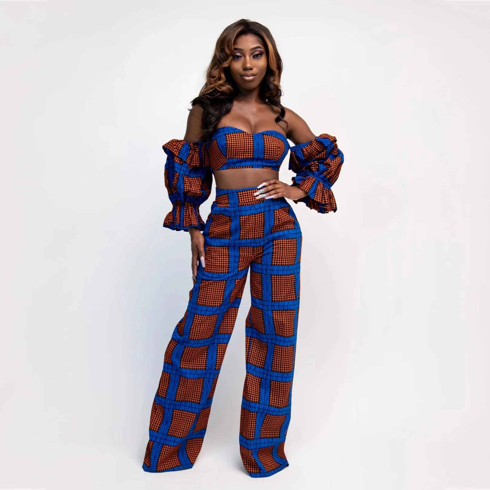 

Летний модный стильный Африканский Женский комплект из двух предметов с принтом топ и брюки африканская одежда Африканский женский костюм