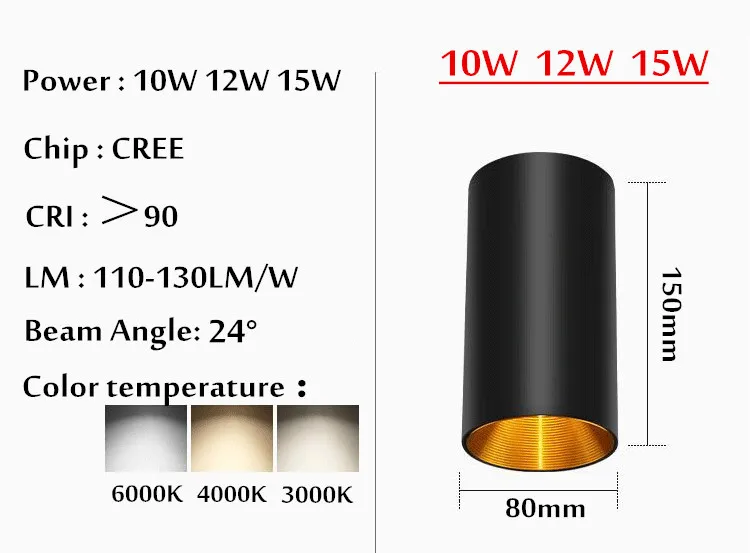 Lámpara LED de techo con superficie de montaje, 8x15cm, 10W, 12W, 15W, cilindro para vestíbulo, balcón, pasillo, dormitorio, restaurante