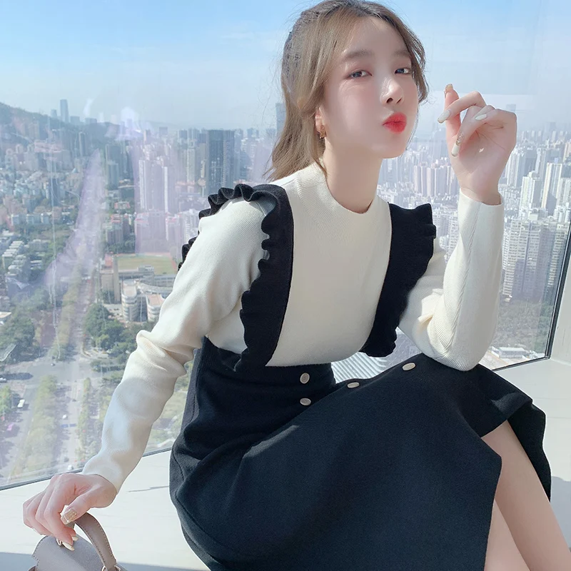 

Autumn And Winter New Women's Long-Sleeved Knitted Dress Abdomen-Control Black Stitching Fake Two Pieces Sweaters Long Dress Ins