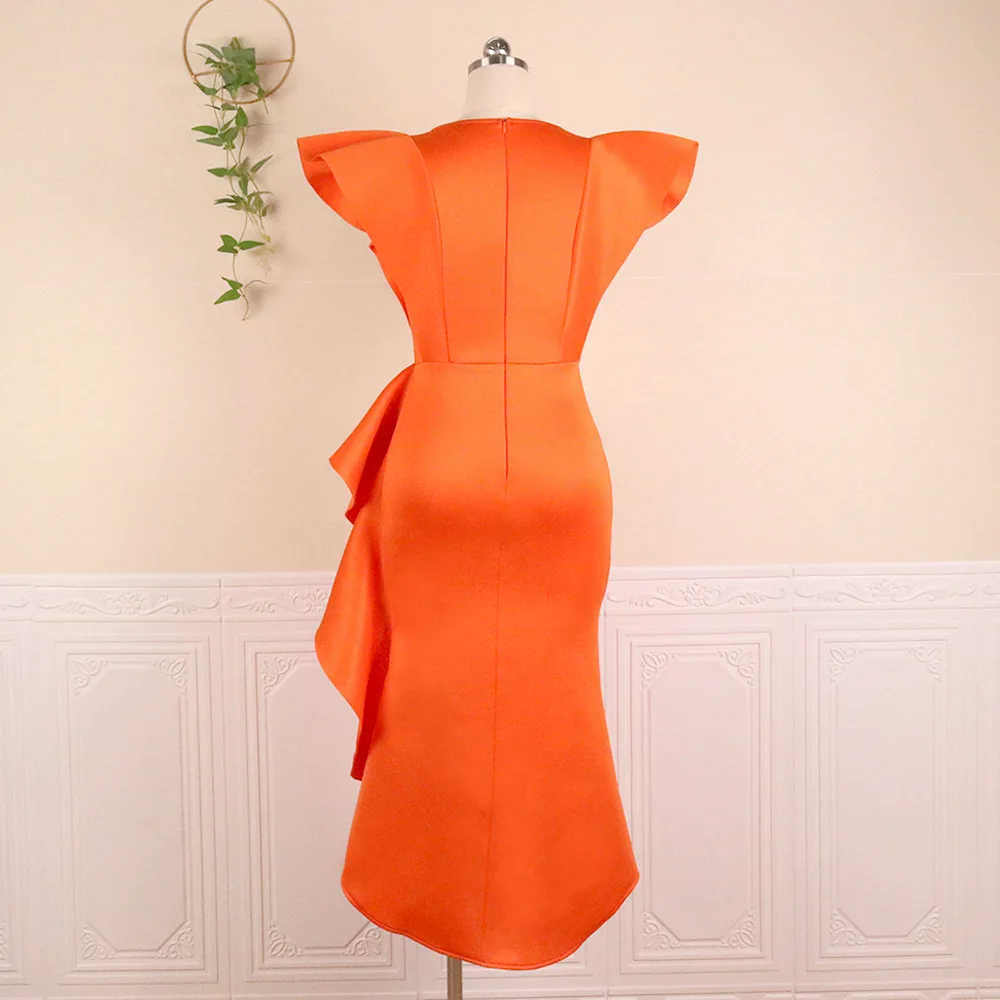 

V-neck Ruffled High Waist Large Size Slim Irregular Hem Women's Dress