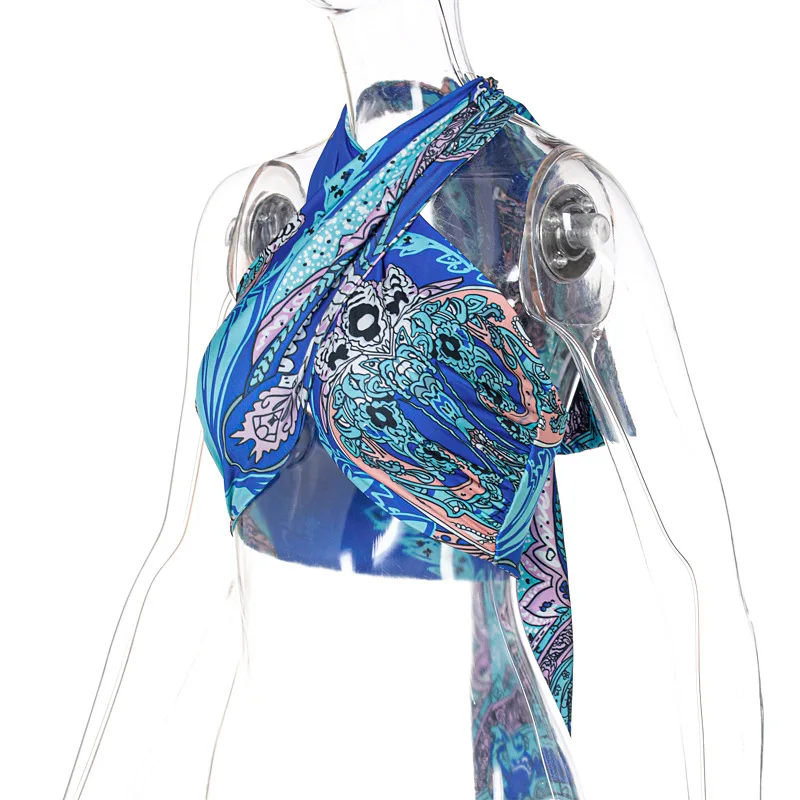 

Storyever Summer Woman Sexy Night Party Club Wear Clothing Fashion Wrap Halter Printed Crop Tank Camis T-shirt Top