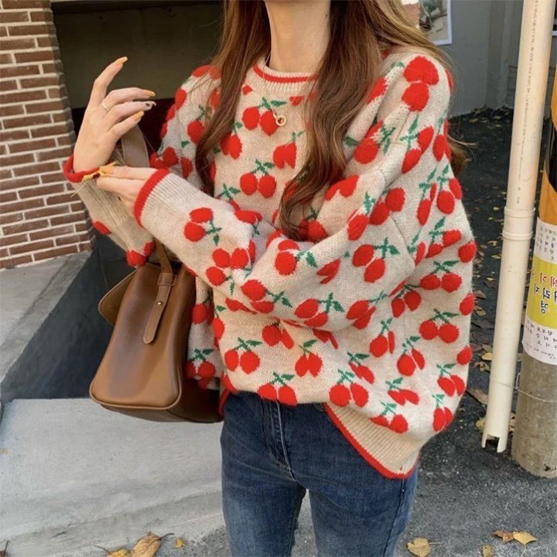 

Women Korean Style Soft Sweet Embroidery Knit Round Neck Pullovers Loose Autumn And Winter Retro Cherry Jacquard Thick Sweater