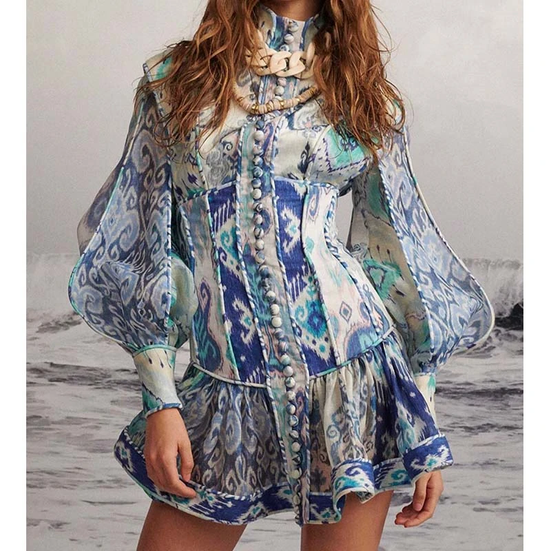 Cosmicchic фонарь с длинным рукавом Бохо льняное короткое платье со стоячим воротником принт рюшами Русалка мини сексуальное винтажное подиумное вечернее платье