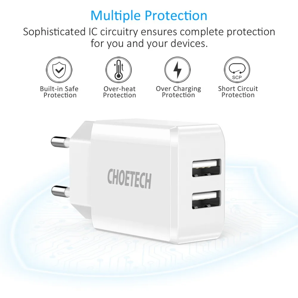 CHOETECH, 5 В, 2 А, два порта, USB, настенное зарядное устройство для iPhone 11 X XS 8 7, быстрое зарядное устройство для путешествий, адаптер для samsung S10 S9 S8, зарядное устройство для телефона