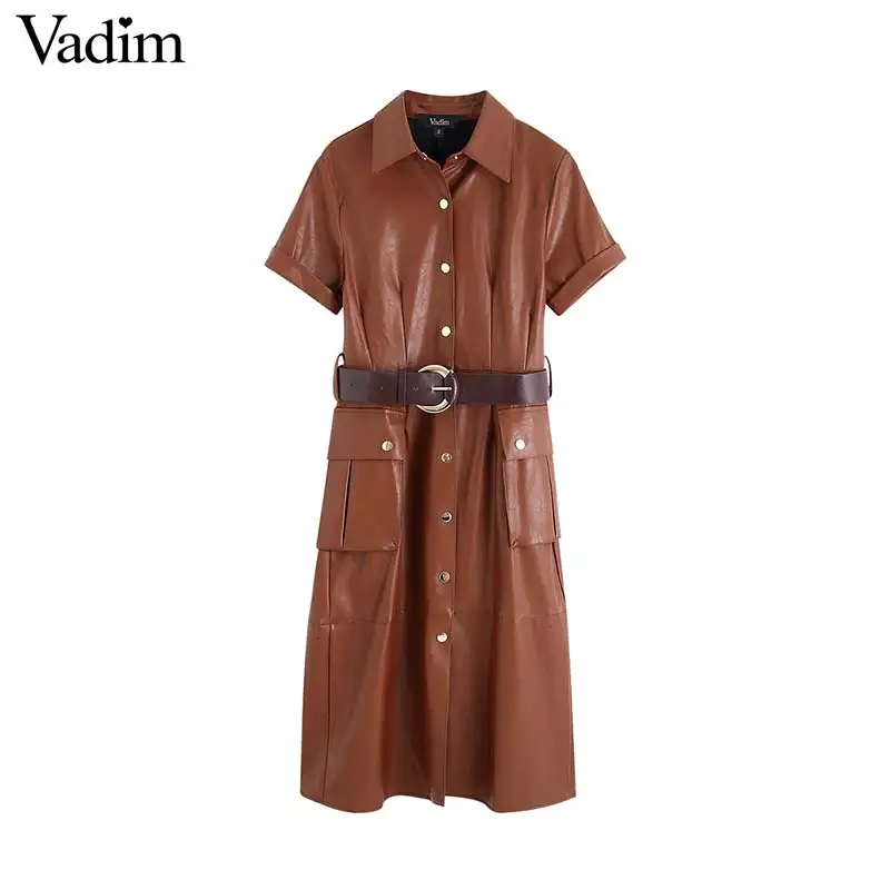 Vadim женское стильное платье миди из искусственной кожи с поясом и карманами