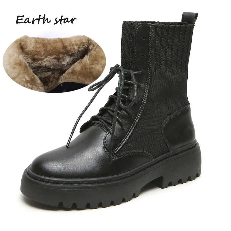

Casual Shoes Women Platform Martin Boots Flock Winter Warm Ladies Ankle Boots Cross-tied with Fur Female botas mujer Patchwork