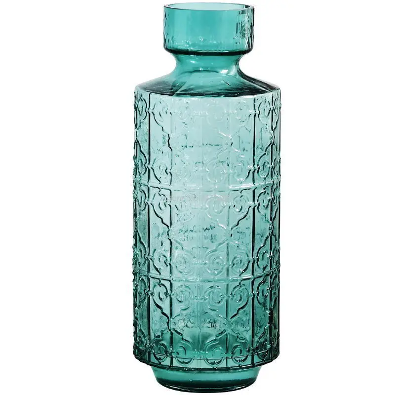 

American retro relief glass vase decoration living room dining table flower arrangement transparent blue hydroponic flower