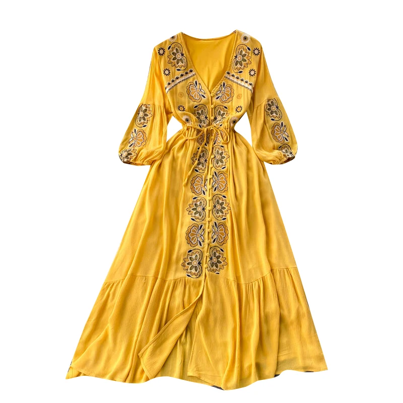 

ladies' dress V-neck, coil button, bubble sleeve, loose and thin, holiday shooting, fashionable medium and long