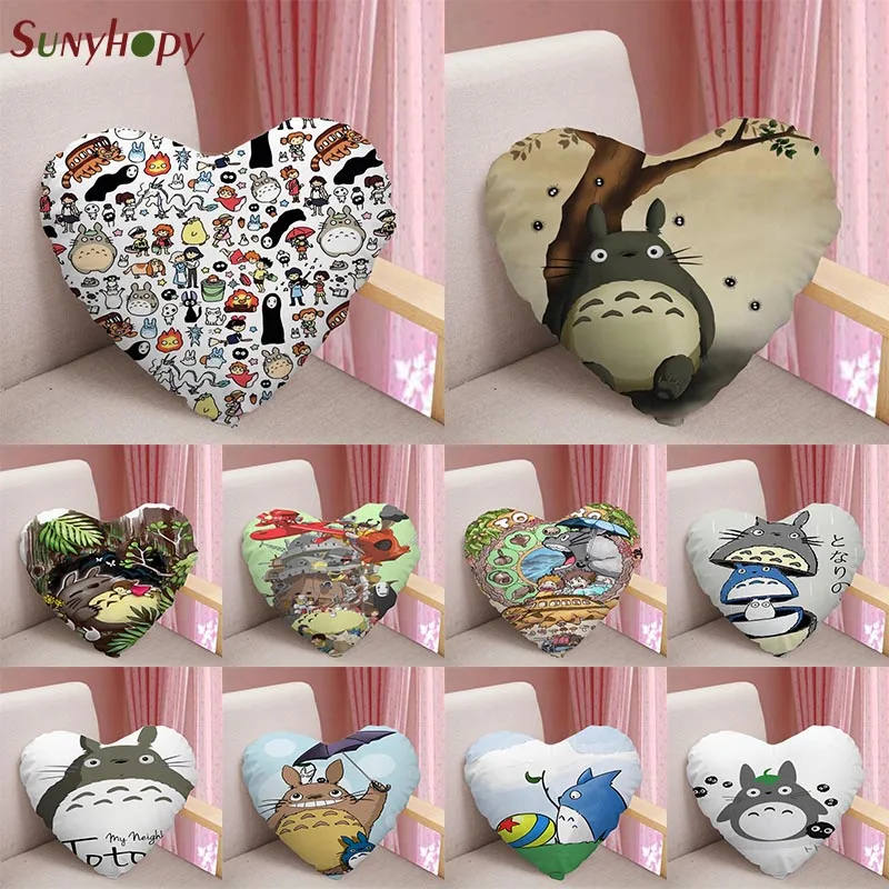 

Totoro Custom Heart Shape Decorative Cushion Cover Home Decor Zippered Satin Fabric Pillowcase