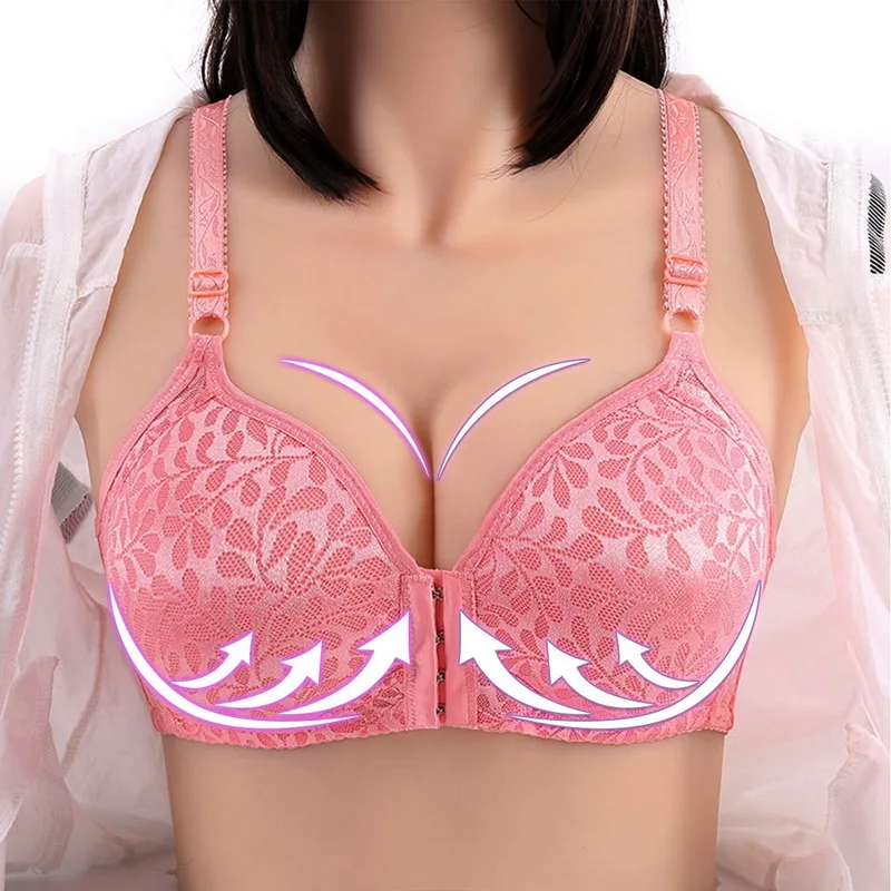 

Gather Bra Flower Front Button Comfortable Woman Bra Breathable Thin Section Without Steel Ring Lady Underwear Push Up Brassiere