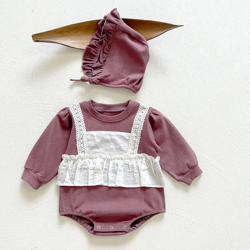 

Spring Baby Girl Rompers Kids Girl Long Sleeve Fake Two Piece Rompers + Hat Autumn Infant Baby Girl Newborn Rompers Clothes