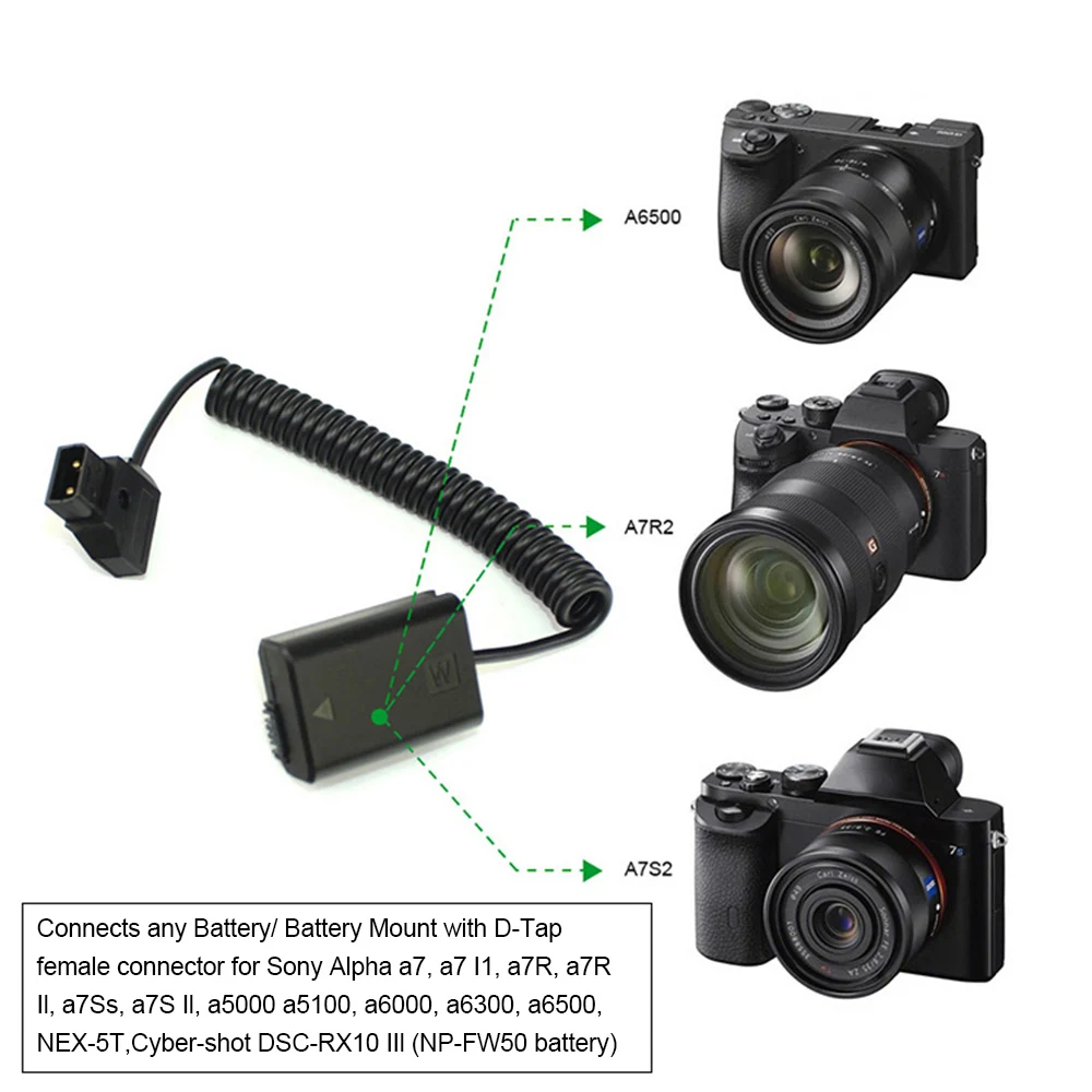 

DC Coupler Power Dummy Battery Adapter Coiled Cable V-mount D-Tap to NP-FW50 for Sony A7 Series A6500/A6300/A5000 Nex-5 Camera