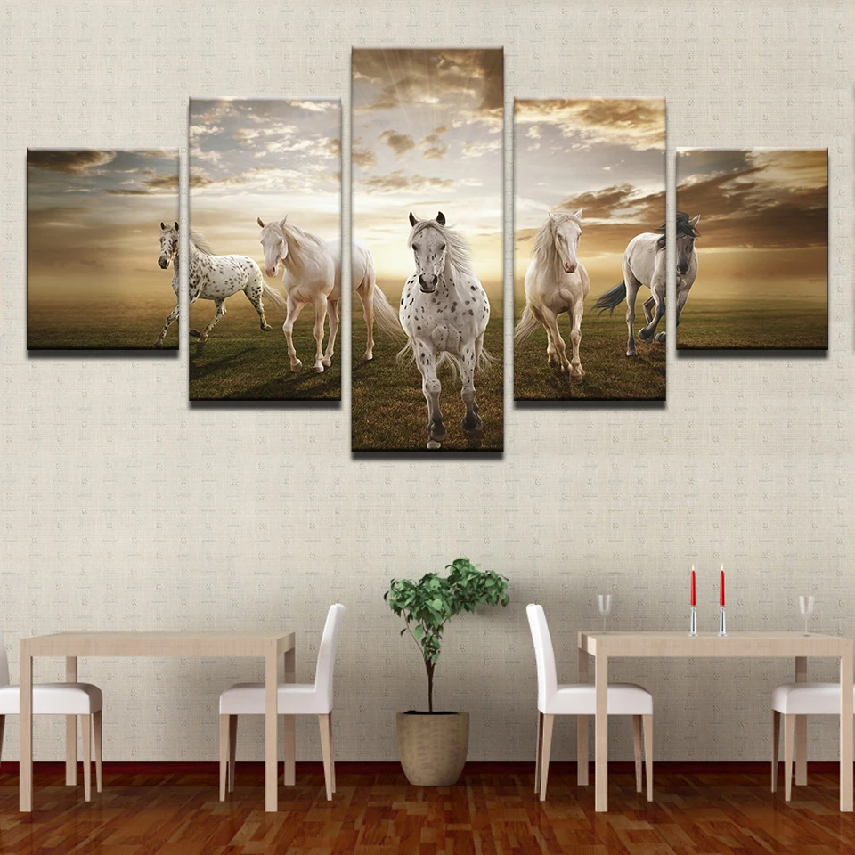 Холст Картины Wall Art рамка Декор в гостиную 5 шт. бег конь фотографии модульный HD с