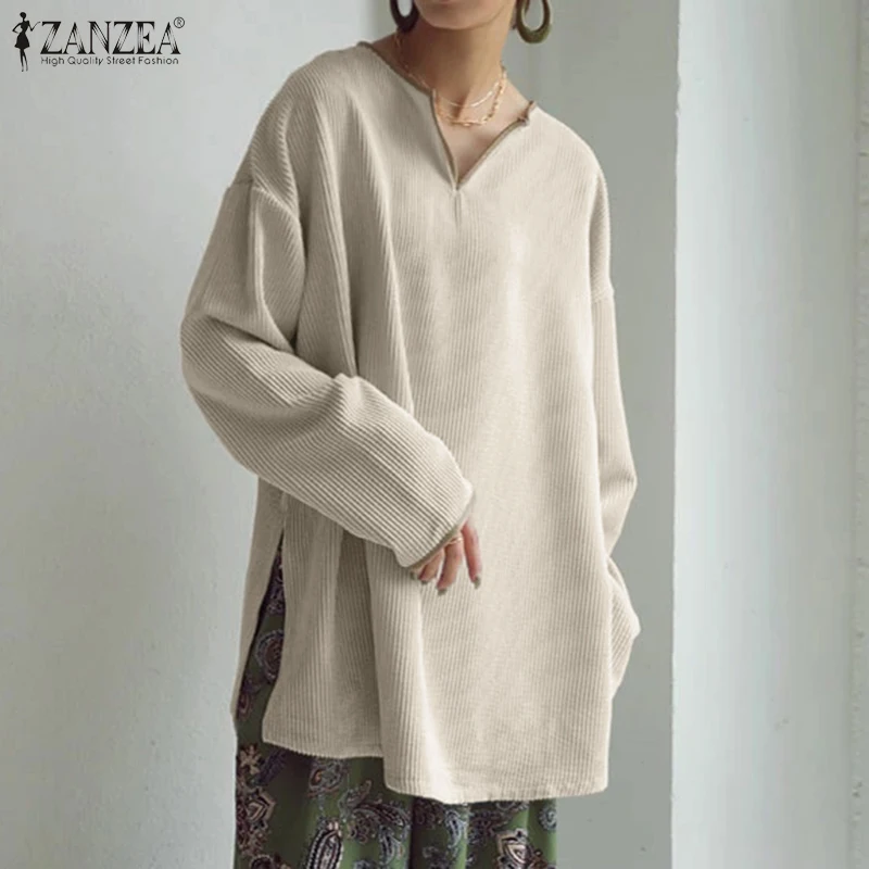 

2022 ZANZAE Casual Corduroy Long Sleeve Blouse Women Elegant V Neck Solid Shirt Autumn Office Work Female Chemise Vintage OL Top