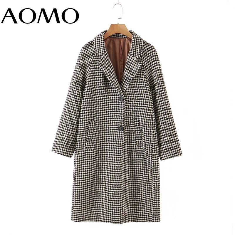 

AOMO 2021 Winter Women Khaki Plaid Woolen Coat Warm Thick Elegant Long Sleeve Coat Female Overcoat 2Z31A