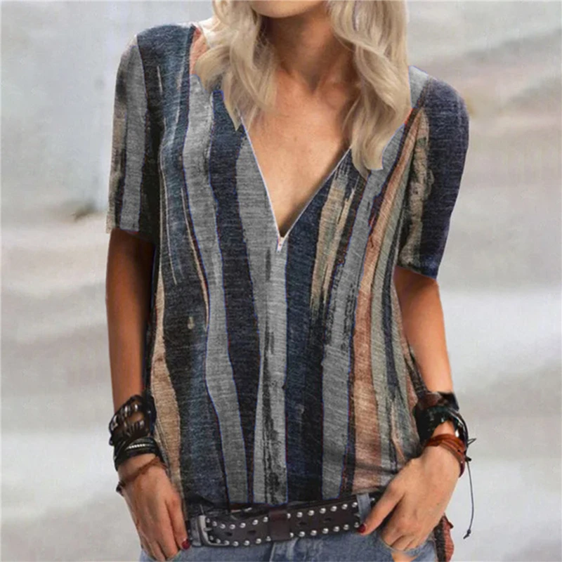 

Women Summer Striped Print T-Shirts Casual Streetwear Zipper V Neck Short Sleeve Loose Pullovers Top