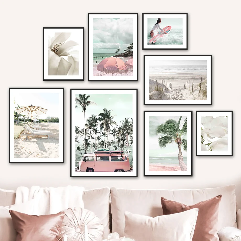 

Sea Sandy Beach Coconut Tree Van Girl Wall Art Canvas Painting Nordic Posters And Prints Wall Pictures For Living Room Decor