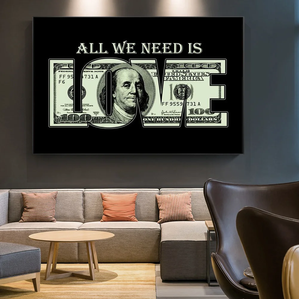 Забавные деньги это любовь картины на холсте все что нам нужно постер с надписью