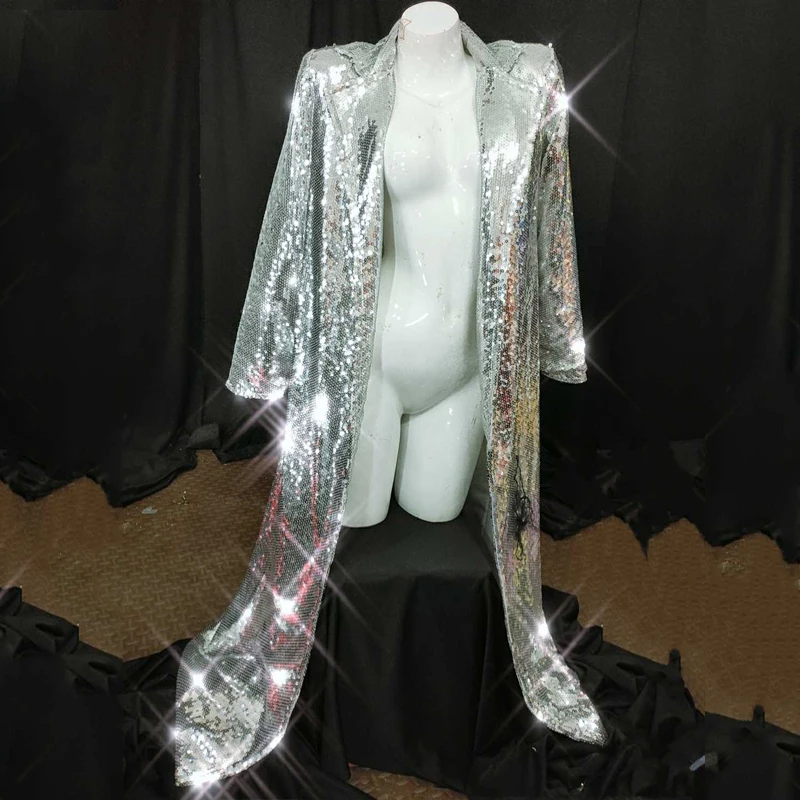 New GOGO Dancer Costume Full Sequin Clothing Silver Jacket Singers Clothes DJ Wear Party Performance Dance Outfit Glitter Coat |