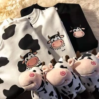 qweek kawaii cow print sweatshirt women japanese harajuku cute milk embroidery long sleeve hoodie sweatshirt 2021 fashion korean