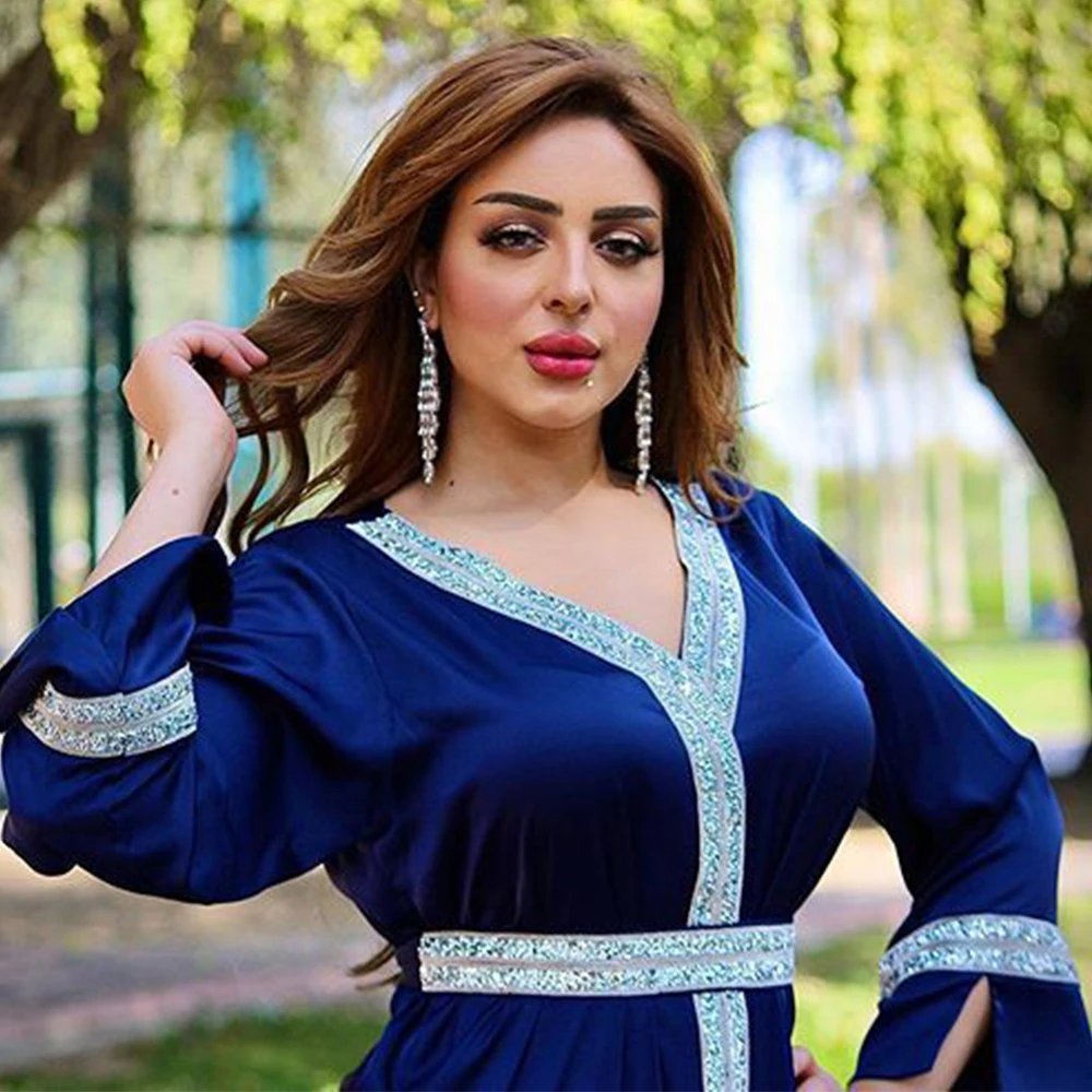 

2021 Satin Maxi Dress For Women Turkey Arabic Diamond V Neck Long Sleeve Jalabiya Muslim Islamic Ethnic Abaya 2020 Fall New
