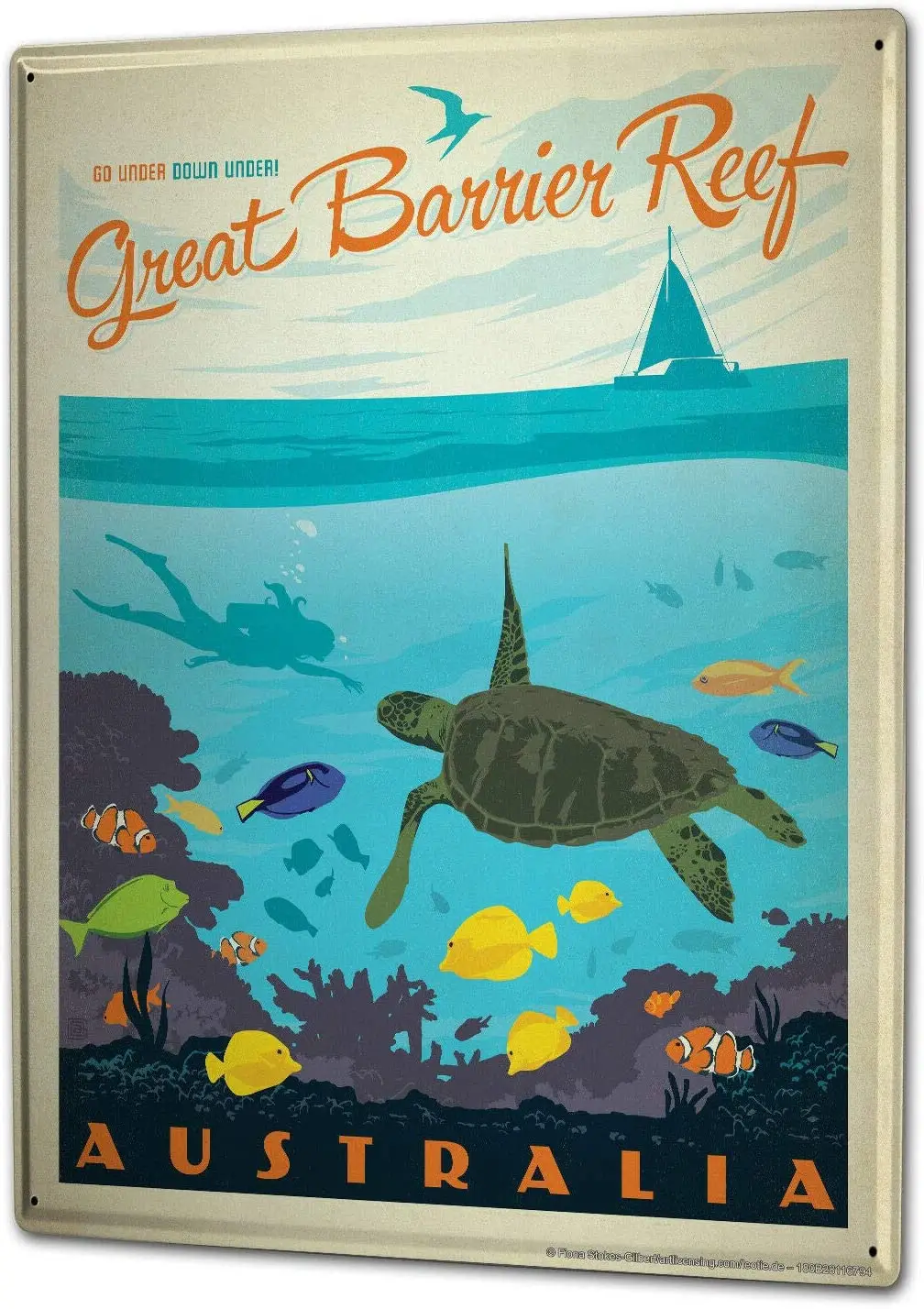 

Metal Sign (Great Barrier Reef Australian Turtle Coral) Decorative Wall tin Sign 12x8 inch