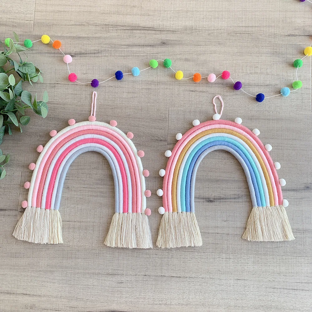 

7 Lines Rainbow Tapestry with Tassel and Ball INS Nordic Style Wall Hanging Pendant for Kids Bedroom Nursery Decoration