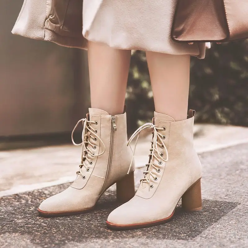 

RIZABINA Real Leather Women Ankle Boots Fashion Solid Color Thick Heel Shoes Women Square Heel Casual Mujer Footwear Size 34-40