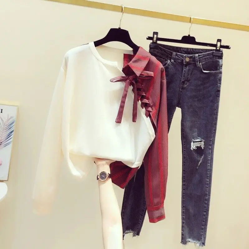 

Женский джинсовый костюм-двойка, с асимметричным подолом, с длинным рукавом, Весна Повседневная полосатая блузка