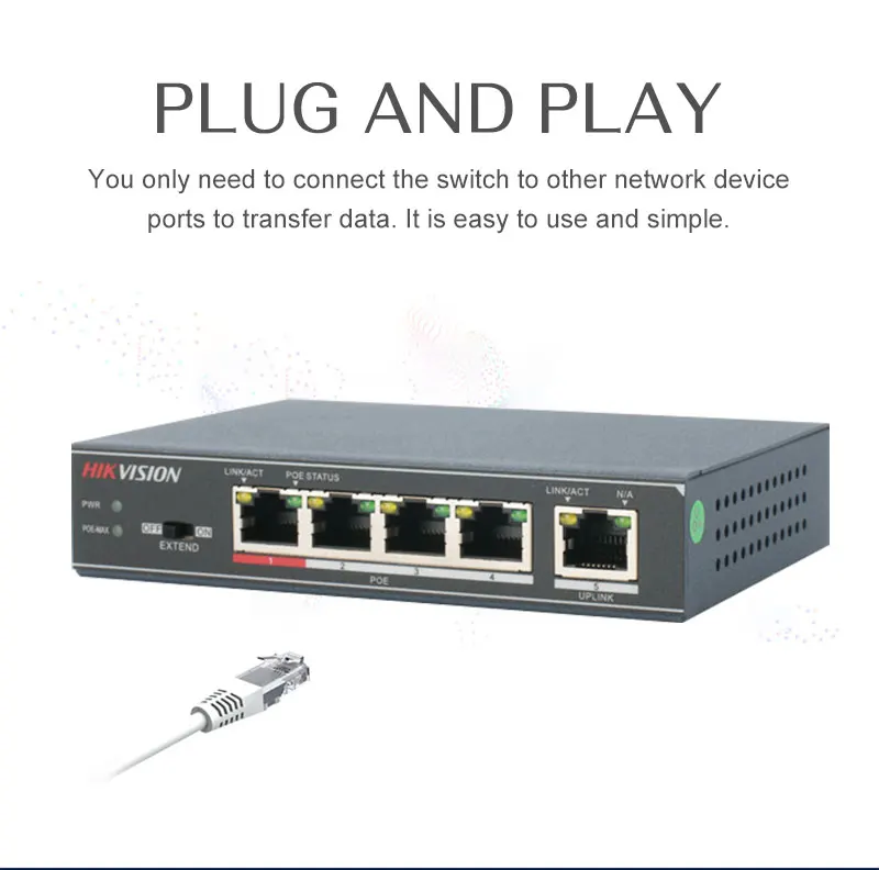Hikvision DS-3E0105P-E Неуправляемый коммутатор PoE 5 портов 10/100 Мбит/с адаптивный металлический материал для 4CH NVR и CCTV IP камер