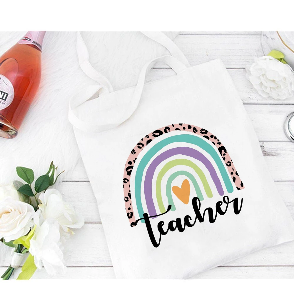 

Ladies Canvas Shoulder Bag Women shopping Bag Cartoon rainbow Pattern Print travel Canvas Tote Reusable Female Tote Shopper Bag