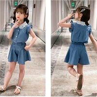 new children girls clothing set fashion denim outfits lace collar tops jeans shorts 2pcs casual kids clothes girls summer sets