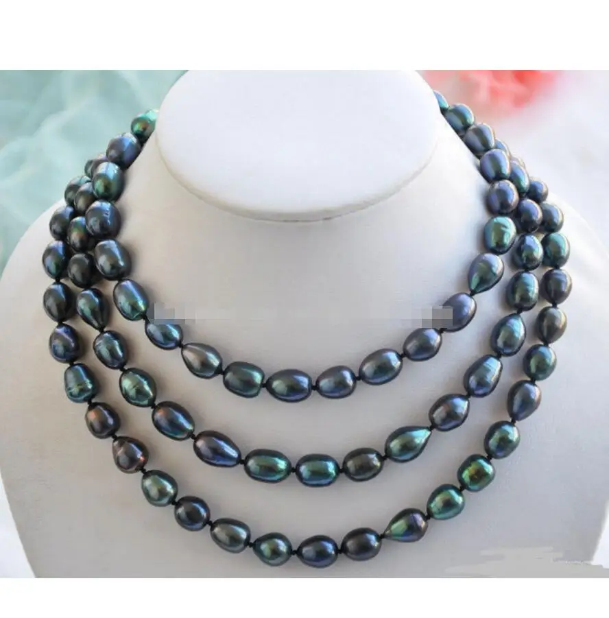 

Free Shipping 49" 14mm peacock black rice freshwater cultured pearl necklace