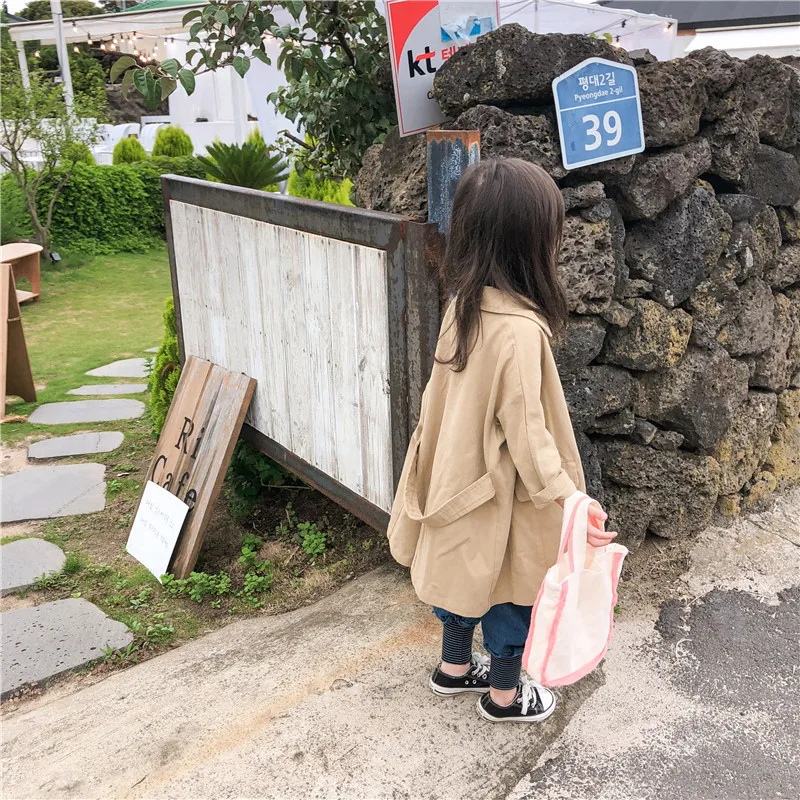 Модный тренчкот для девочек пальто цвета хаки хлопковые однотонные длинные с