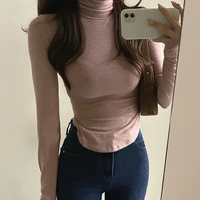 womens tops solid basic all match asymmetrical t shirts female long sleeve turtleneck slim thin casual spring t shirt tees femme