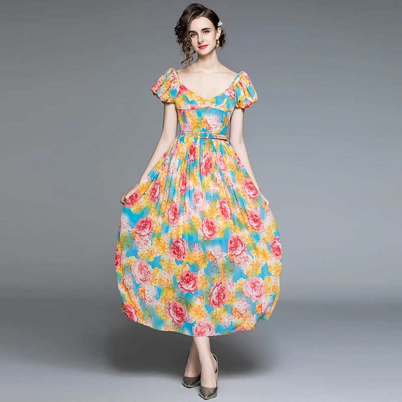 

Spring Summer Floral Holiday Maxi Dress 2021 New Elegant Women V Neck Flower Print Chiffon Sexy Spaghetti Strap Belt Long Dress