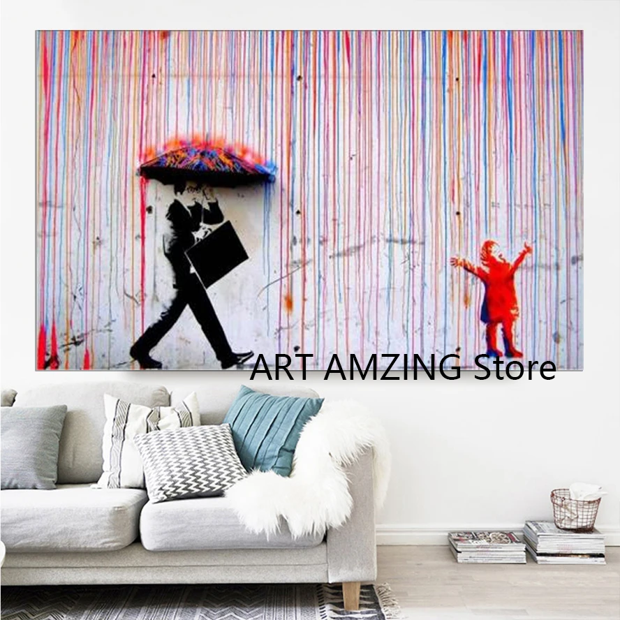 Grumpy Umbrella Man &amp Happy Rainbow Rain Girl настенная Картина на холсте фотография стены Декор