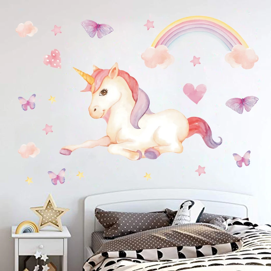Цветные наклейки на стену с мультяшным единорогом сердцем бабочкой облаком для