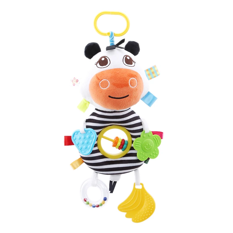 Черно белая полосатая подвесная погремушка в виде мультяшной коровы с гелем для