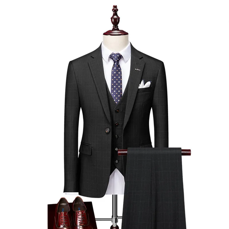

Three-piece Blazer Male Formal Business Plaids Suits for Men's Fashion Boutique Plaid Wedding Dress Suit Jacket + Vest + Pants